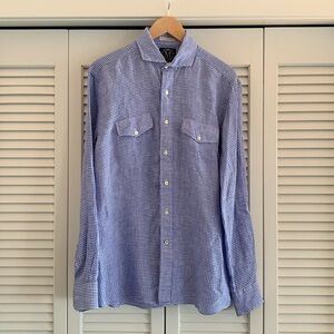 Mettlers American Mercantile Check Linen Shirt Men’s Blue White Button Up Size M